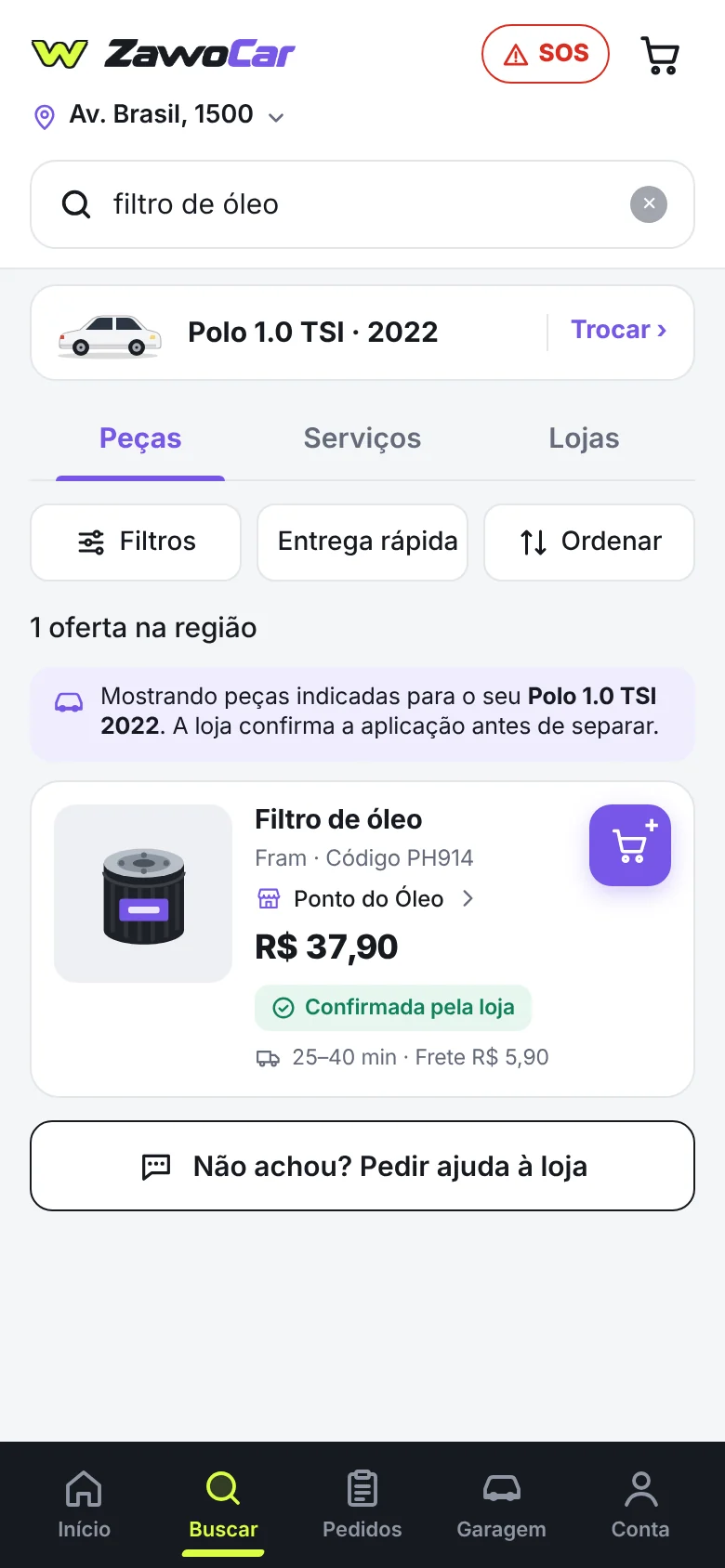 Tela de busca de peças no app ZawoCar